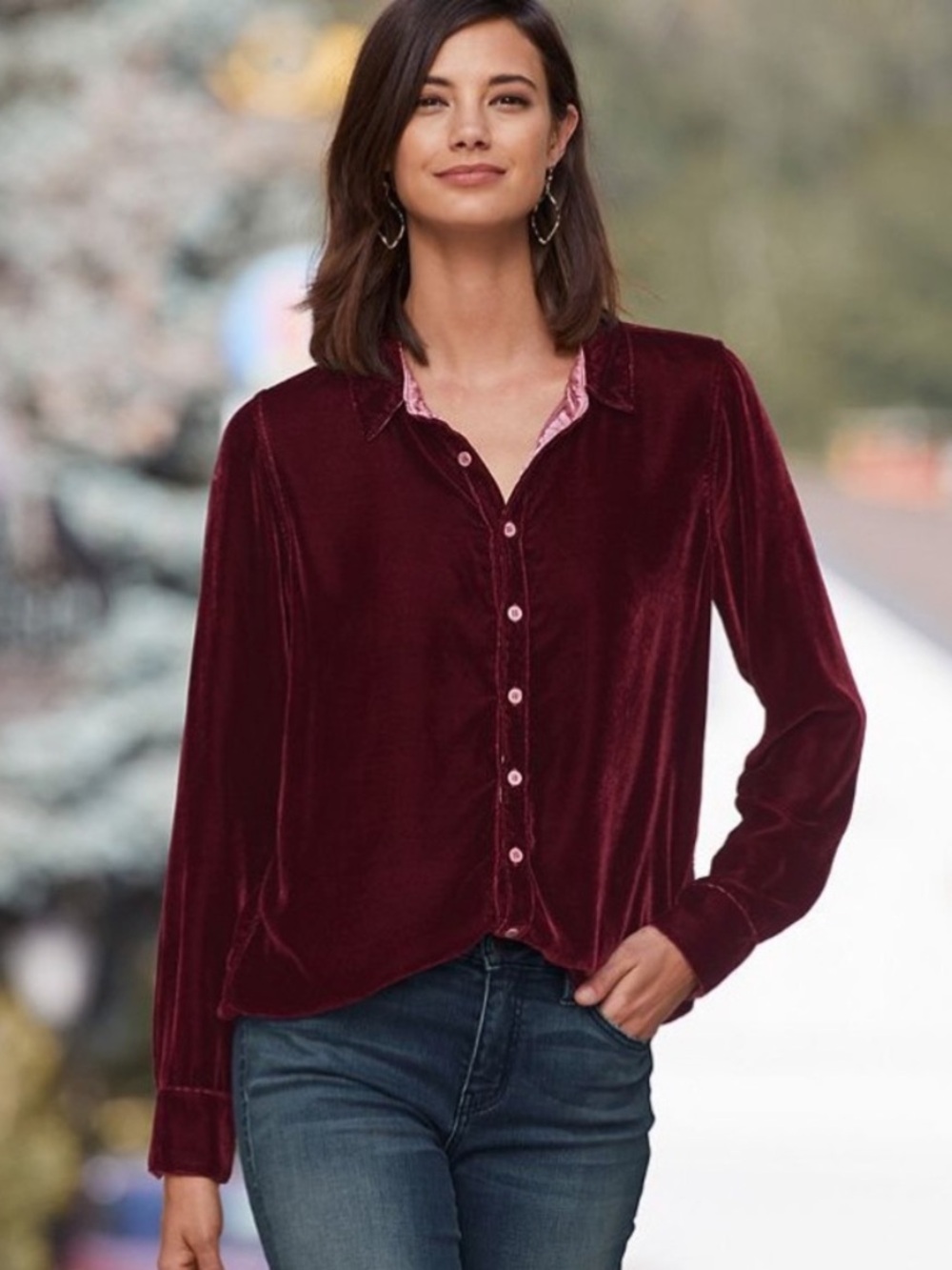 CP Shades Romy Silk Blend Velvet Shirt Blouse Burgundy Sangria Button Front LRG
